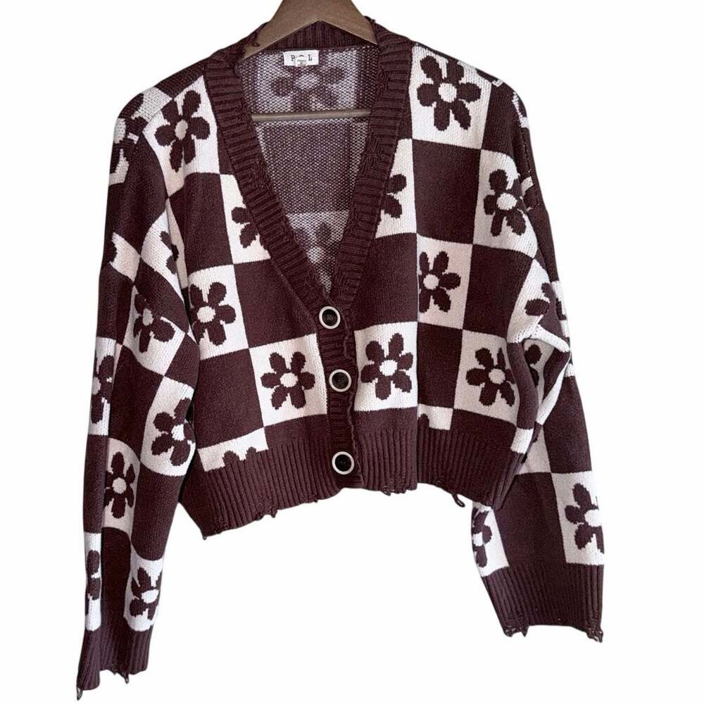 Pol brown cream flower power distressed hem cardigan sweater retro medium bold